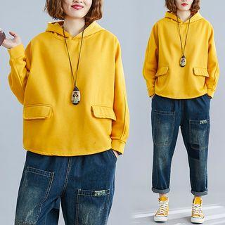 Plain Hooded Lantern-sleeve Sweatshirt