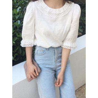 Puff-sleeve Perforated-detail Top