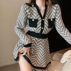 Set: Printed V-neck Cardigan + Mini A-line Skirt Black & White - One Size