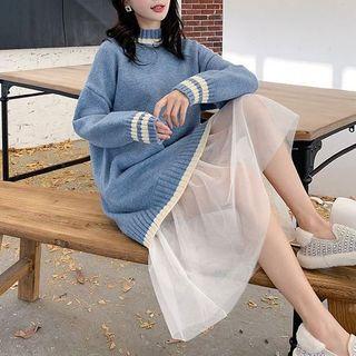 Mock Two-piece Mock Neck Mesh Panel Midi Sweater Dress