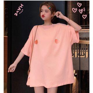 Elbow-sleeve Peach Applique T-shirt