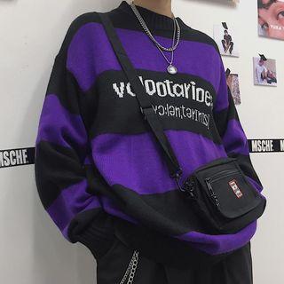 Lettering Striped Sweater Purple - One Size
