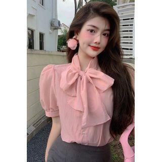 Puff-sleeve Tie-neck Blouse Pink - One Size