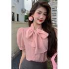 Puff-sleeve Tie-neck Blouse Pink - One Size