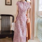 Short-sleeve Embellished Floral Embroidered Midi Sheath Qipao Dress