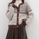 Round Neck Jacquard Cardigan Coffee & Beige & Blue - One Size