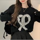 Frill Trim Bow Applique Sweater Black - One Size