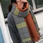 Plaid Fringed Neck Scarf Light Brown - One Size
