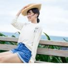 Flower Embroidered Long-sleeve Round Neck Top