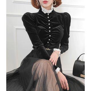 Buttoned Ruched Velvet Top Black - One Size