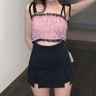 Spaghetti Strap Frill Trim Crop Top / High-waist Mini Skort