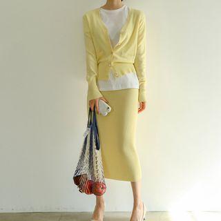 Set: Plain Cardigan + Midi Straight-fit Knit Skirt