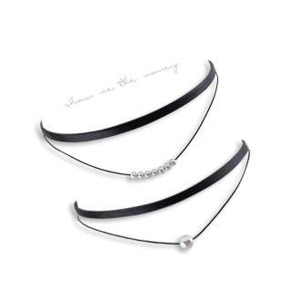 Faux-pearl Layered Faux-leather Choker