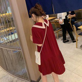 Elbow-sleeve Collared Accordion Pleat A-line Dress