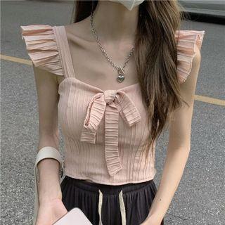 Square-neck Ruffle Bow Accent Top