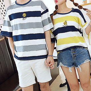 Couple Matching Giraffe Embroidered Striped Short Sleeve T-shirt