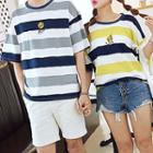 Couple Matching Giraffe Embroidered Striped Short Sleeve T-shirt