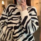 Semi High-neck Zebra-pattern Long-sleeve Sweater As Shown In Figure - One Size