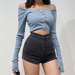 Long-sleeve Off-shoulder Buttoned Crop Top
