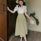 Set: Short-sleeve Flower Embroidered Shirt + Midi A-line Skirt