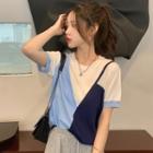 Mock Two-piece Color-block Knit T-shirt