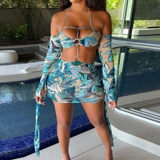 Printed Halter-neck Cut-out Mini Dress