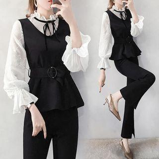 Set: Bell-sleeve Blouse + Vest + Boot-cut Dress Pants