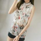 Floral Print Mock Neck Chiffon Tank Top