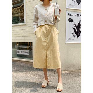 Drawstring-waist Slit-front Long Skirt
