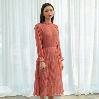 Dotted Pleated Dress With Sash Pink - One Size