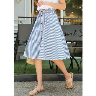 Drawstring-waist Buttoned Stripe A-line Midi Skirt