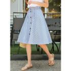 Drawstring-waist Buttoned Stripe A-line Midi Skirt