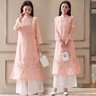 Set: 3/4-sleeve Floral Midi Dress + Pants