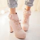 Flower Trim Lace-up Chunky-heel High-heel Short Boots