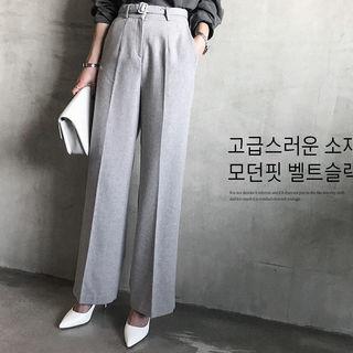 Belted Wool Blend Wide Dress Pants