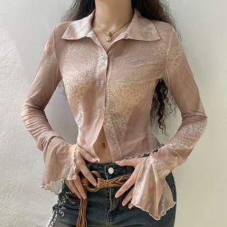 Bell-sleeve Ruffled-trim Printed Crop Shirt