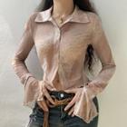 Bell-sleeve Ruffled-trim Printed Crop Shirt