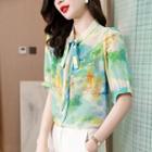 Elbow-sleeve Ribbon Tie-neck Print Blouse