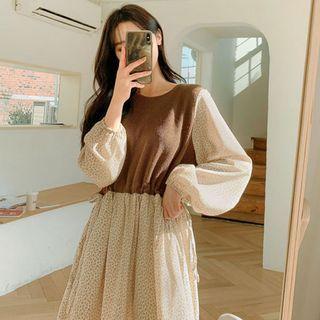 Knit Panel Drawstring-waist Floral Print Dress