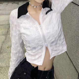 Long-sleeve Lettering Collared Zip Crop Top