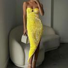 Strapless Asymmetrical Sequined Bodycon Dress