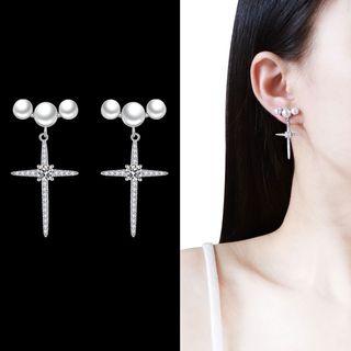 Faux Pearl Rhinestone Cross Dangle Earring 1 Pair - 925 Sterling Silver Stud - Silver - One Size