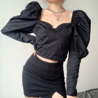 Puff-sleeve Plain Crop Top Black - One Size