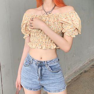 Puff-sleeve Off-shoulder Floral Print Cropped Blouse