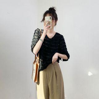 V-neck Plain Ruffle Lace Top Black - One Size