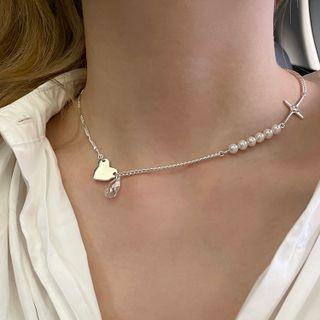 Heart Cross Faux Pearl Sterling Silver Choker Silver - One Size