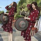 Long Sleeve Tie Neck Printed Ruffle Trim Dress