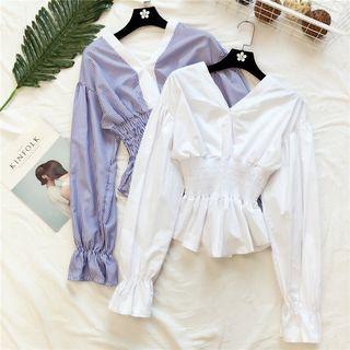 Striped V-neck Smocked Waist Blouse