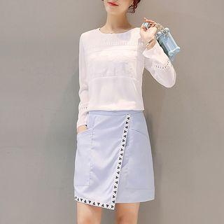 Set: Lace Trim Chiffon Blouse + Patterned Trim A-line Skirt
