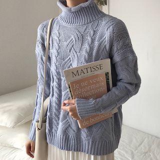 Mock Neck Cable Knit Sweater Blue - One Size
